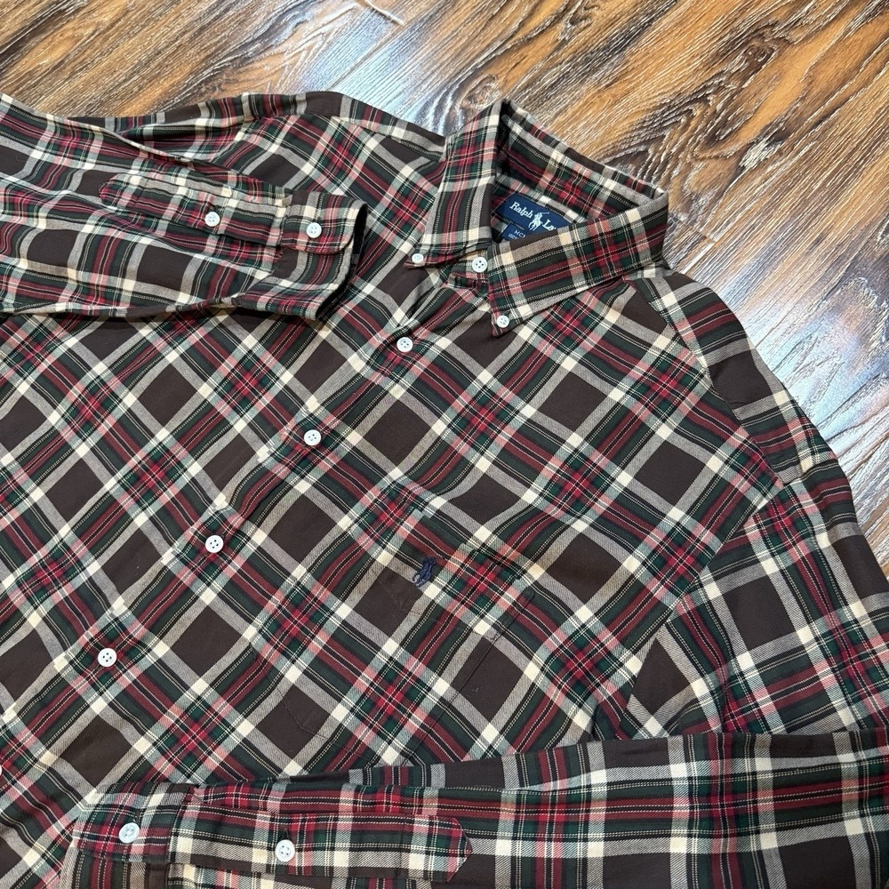 Ralph Lauren McMeel‎ Mens Plaid Button Down Shirt Brown Red Green Cotton L Large